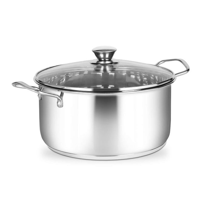 24CM STAINLESS STEEL STEWPOT WITH GLASS LID 5L INDUCTIONCOMPATIBLE STOCK POT CASSEROLE DISH WITH STAYCOOL HANDLES OVEN DISHWASHER SAFE DOUBLE POURING LIPS SOUP