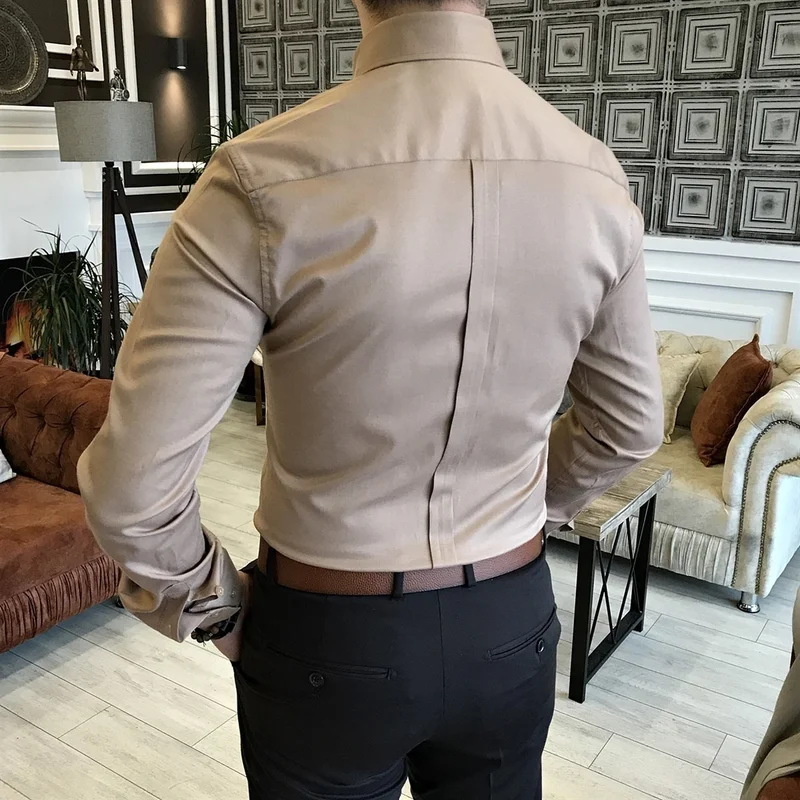 ترزي ادم التون Tailor Adem Italian Style Slim Fit Stand Collar Satin Men's Shirt Mink T5104