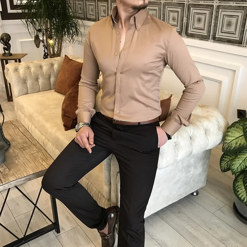 ترزي ادم التون Tailor Adem Italian Style Slim Fit Stand Collar Satin Men's Shirt Mink T5104