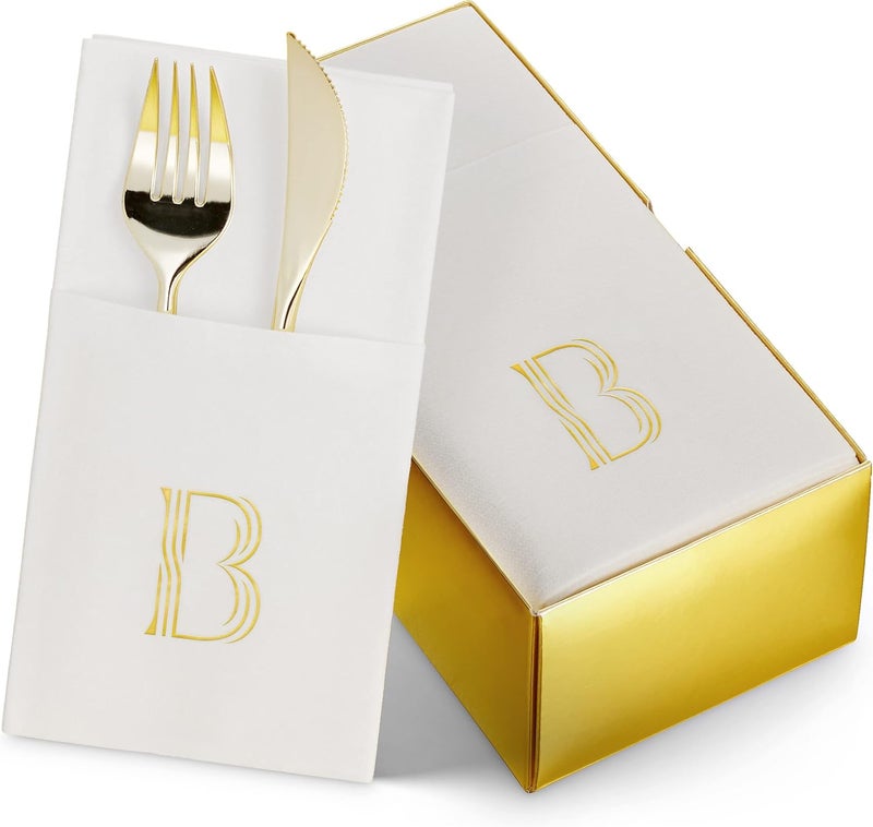 BloominGoods 50Pack Monogrammed Napkins With Pocket For Flatware 16 x 16 Gold Foil Letter B Disposable LinenFeel Napkins Prefolded Silverware Pocket Napkins For wedding Party Or Baby Shower - Image 1