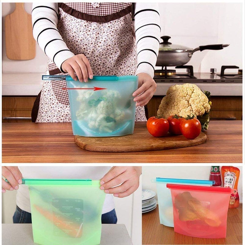 Mobhada Silicone Reusable Storage Container, Organizer, Preservation Leakproof Ziplock Bag for Food, Snack, Vegetable, Meat for Fridge and Microwave Also (1000 ML- Pack of 2) (2), Assorted - Image 2