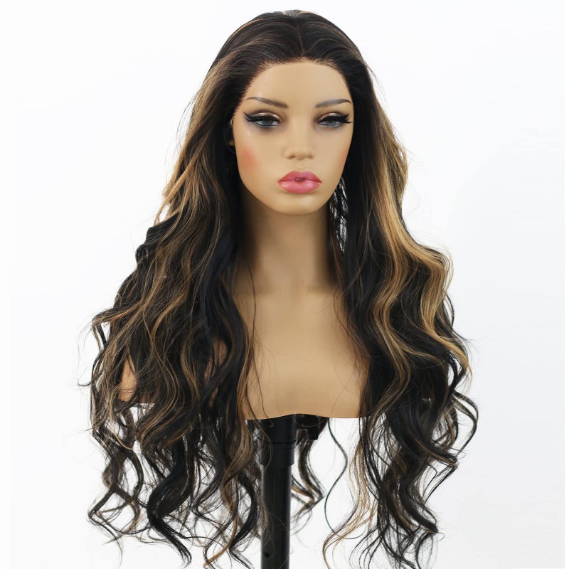 ANDRIA Highlight Brown Lace Front Wig Loose Wave with Baby Hair Dark Roots Ombre Brown Glueless Black and Brown Long Body Wave Synthetic Heat Resistant Fiber Colorful Wigs for Black Women - Image 3