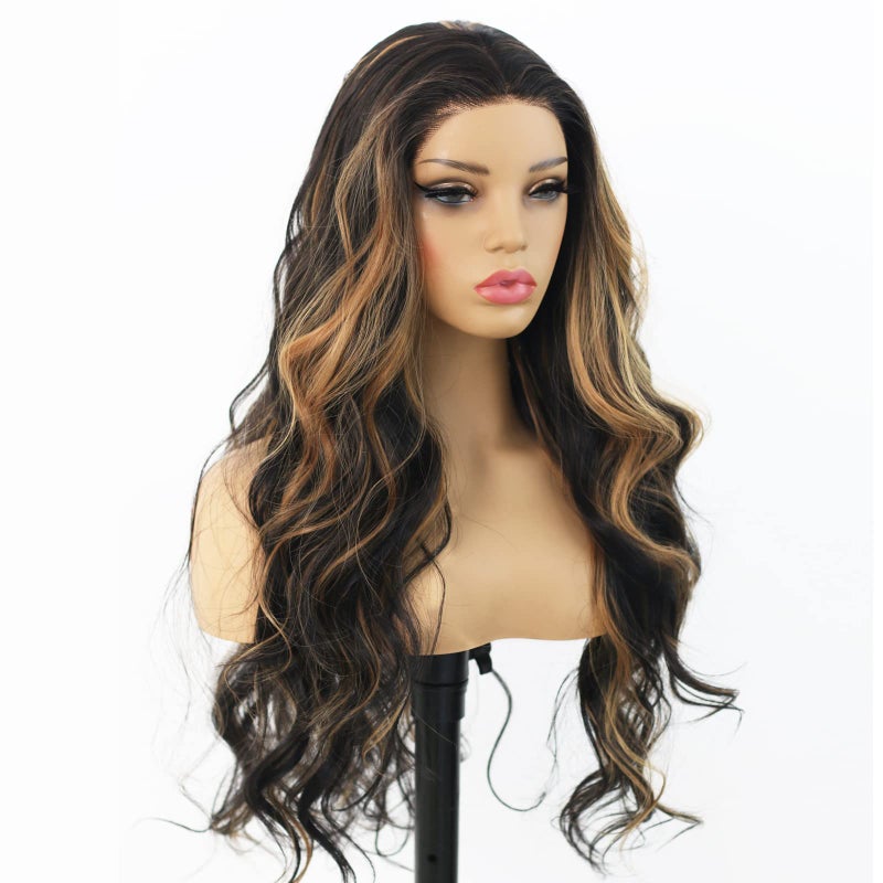 ANDRIA Highlight Brown Lace Front Wig Loose Wave with Baby Hair Dark Roots Ombre Brown Glueless Black and Brown Long Body Wave Synthetic Heat Resistant Fiber Colorful Wigs for Black Women - Image 2