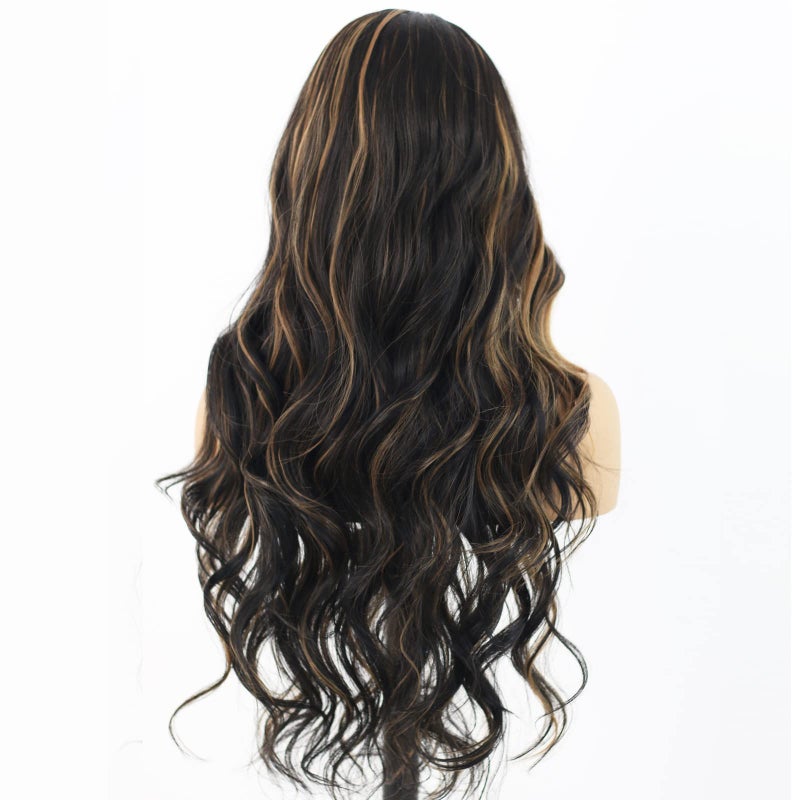 ANDRIA Highlight Brown Lace Front Wig Loose Wave with Baby Hair Dark Roots Ombre Brown Glueless Black and Brown Long Body Wave Synthetic Heat Resistant Fiber Colorful Wigs for Black Women - Image 5