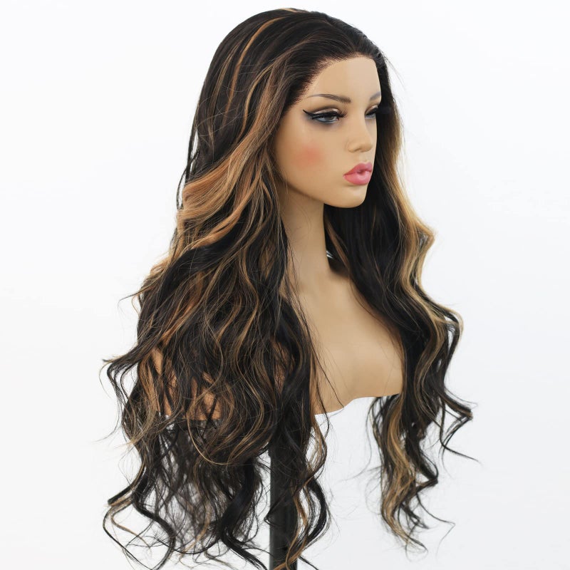 ANDRIA Highlight Brown Lace Front Wig Loose Wave with Baby Hair Dark Roots Ombre Brown Glueless Black and Brown Long Body Wave Synthetic Heat Resistant Fiber Colorful Wigs for Black Women - Image 4