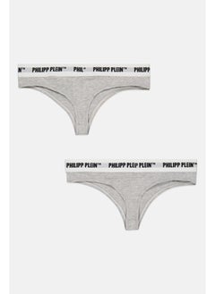 PHILIPP PLEIN Women 2 Pieces Brand Logo Thong Panty, Light Grey  - Image 2