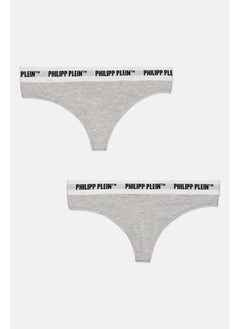 PHILIPP PLEIN Women 2 Pieces Brand Logo Thong Panty, Light Grey  - Image 1