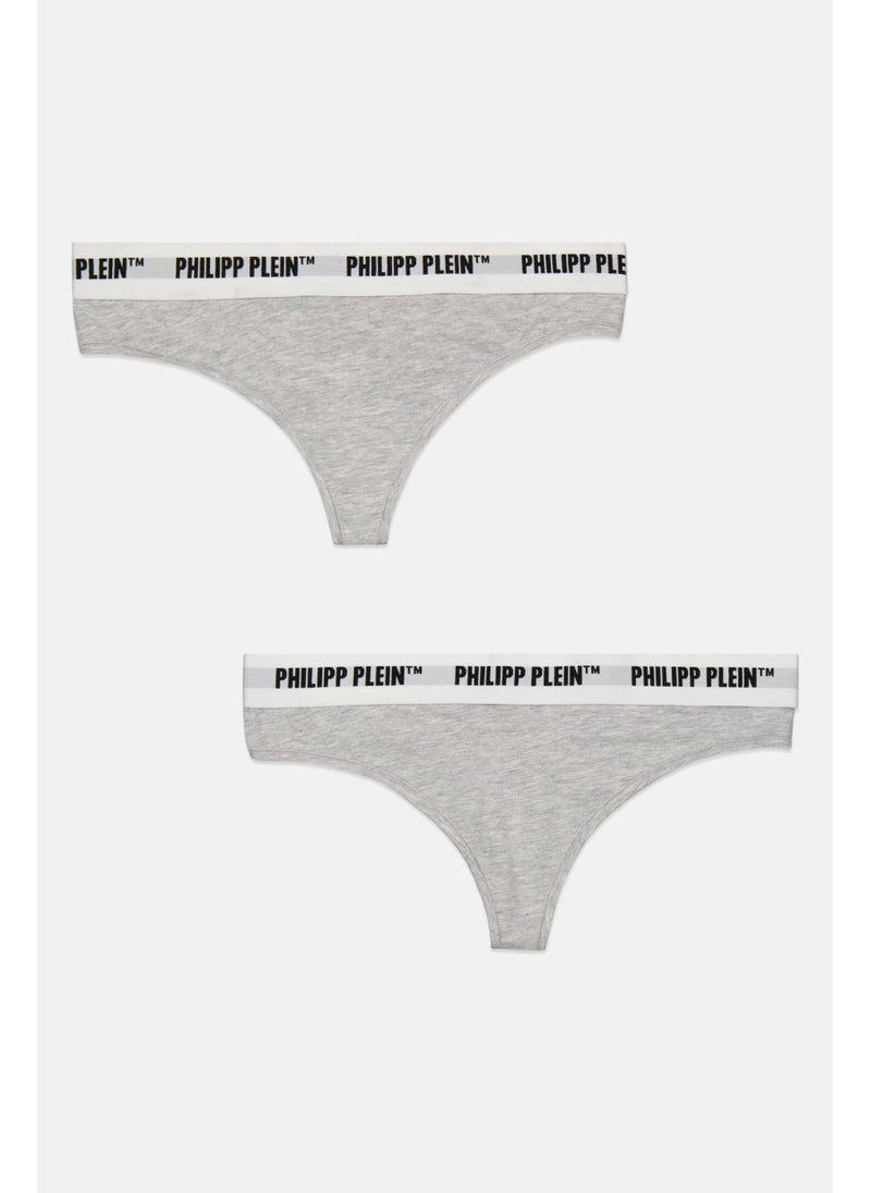PHILIPP PLEIN Women 2 Pieces Brand Logo Thong Panty, Light Grey  - Image 1
