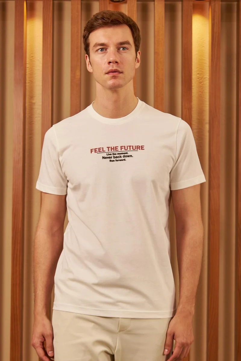 اوديلون Men's Comfort Fit Printed Cotton T-Shirt Ecru Feel The Future MARS12