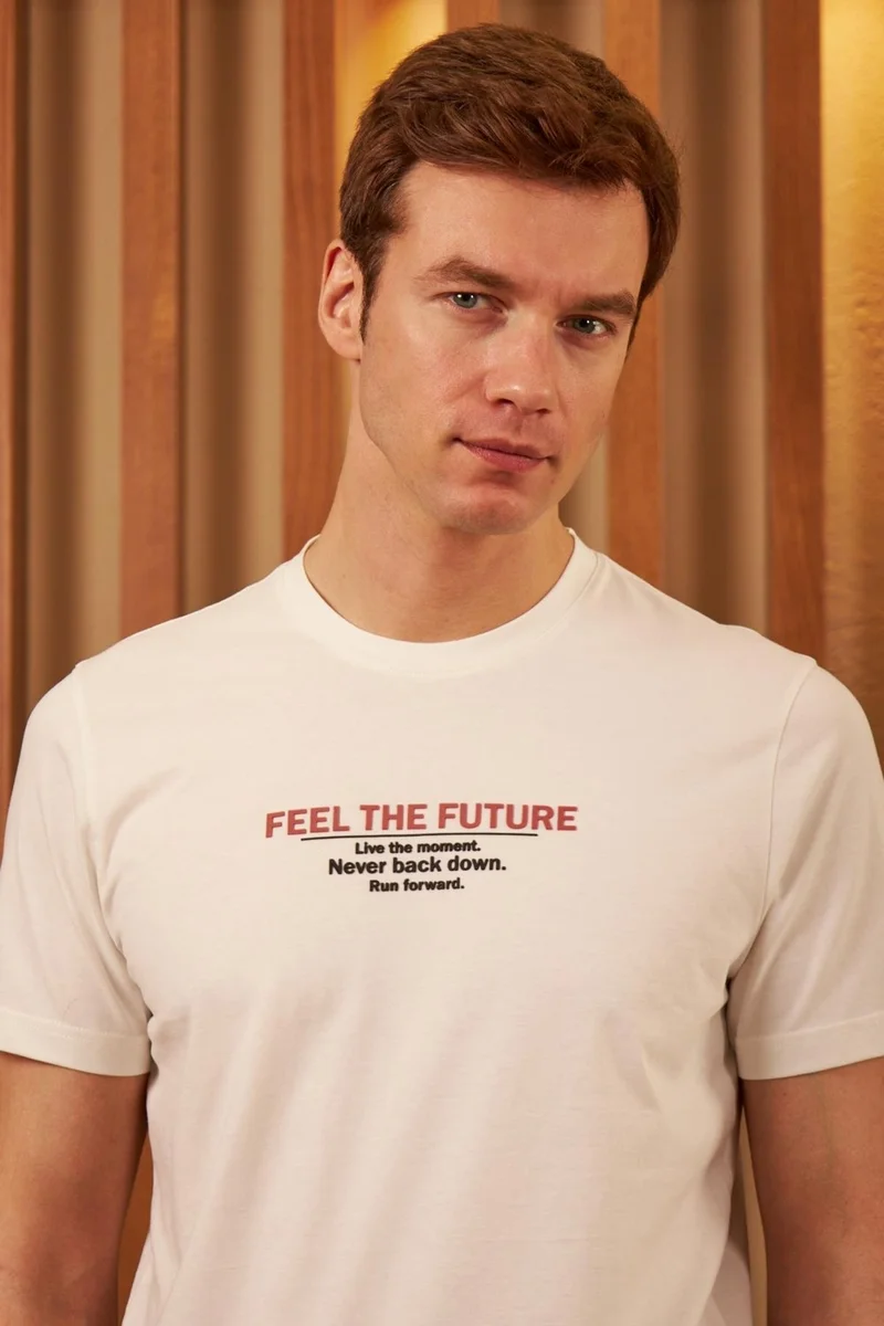 اوديلون Men's Comfort Fit Printed Cotton T-Shirt Ecru Feel The Future MARS12