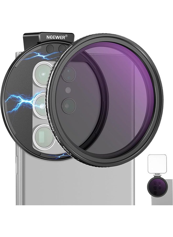 Neewer NEEWER 67mm Clip On Variable ND2-ND32 Phone Lens Filter Kit, Phone Clip with Magnetic Adapter Ring/Cold Shoe/Locking Knob, HD Magnetic ND Filter for iPhone 15 Pro Max 14 13 Galaxy S22 S23 S24 Ultra  - Image 1