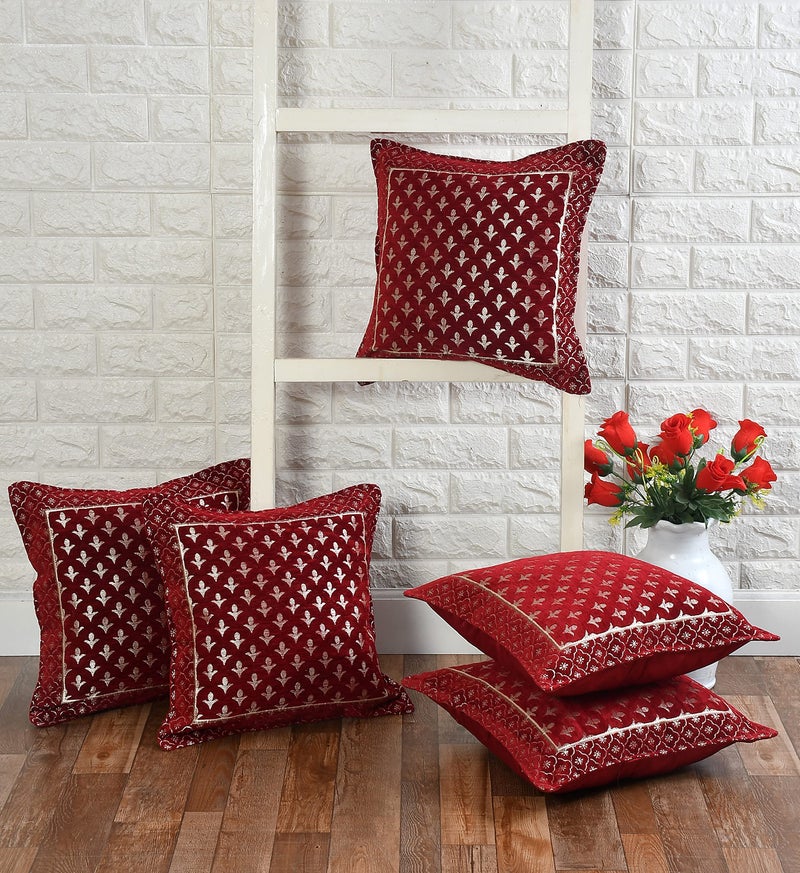 LOOMLYFE Jacquard Geomteric Cushion Covers 16 Inch X 16 Inch Set Of 5 Ethnic Motifs 240 TC Cushion Covers,Design- Star,Color- Maroon - Image 2