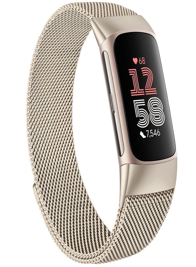 Mugust Metal Bands for Fitbit Charge 6, Adjustable Stainless Steel Magnetic Lock Breathable Mesh Wristband Strap (Champagne) - Image 1