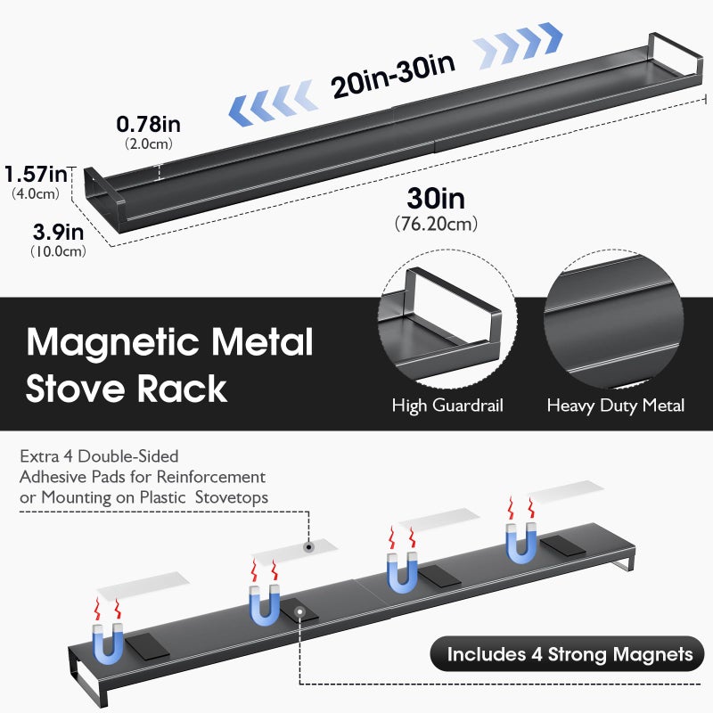 Bumusty 4X Strong Magnetic, 30" Adjustable Oven Shelf Spice Rack Over the Stove, Seasoning Organizer Kitchen Shelves, Matte Black - Image 2