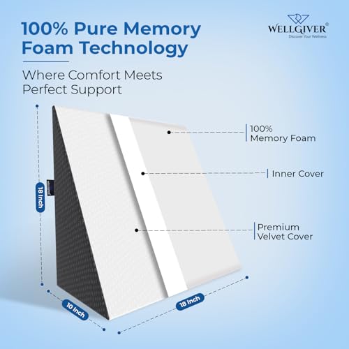 WELLGIVER Wedge Plus Cushion for Sleeping & Acid Reflux Relief | Memory Foam Pillow | Orthopedic Wedge Cushion for Leg Elevator | Pregnancy | GERD | White & Black Cover | 18 x 18 x 10 Inch - Image 3