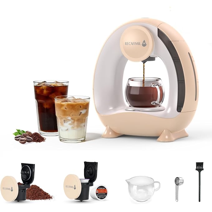 RECAFIMIL Single Serve Coffee Maker For K Cup Pod and Coffee Grounds /Tea, Fast Brew in 2 minutes, 2 IN 1 One Button Coffee Machine 4-8 Oz Brew Sizes, StylishCompact For Home, Office, RV and Dorm, Champagne - Image 1