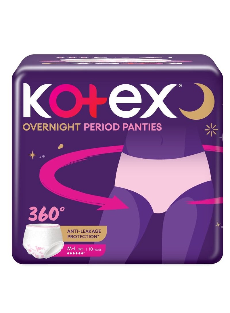 Kotex Kotex Overnight Period Panties (Medium/Large size, pack of 10 panties) for heavy flow period protection | with 360 degree anti-leakage design & airy-soft fabric | 1 panty = 3 regular pads - Image 1
