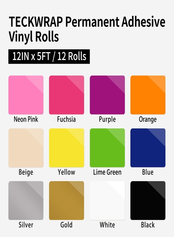 TECKWRAP Permanent Vinyl, Rainbow Sampler - 12in x 5ft Rolls 12 Colors Permanent Adhesive Vinyl Rolls for Cricut, Silhouette, Cameo Cutters, Signs, Scrap-Booking, Craft, Die Cutters - Image 3