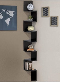 MARGOUN Wall Mount Corner Shelf Floating Home Office Decorative Shelving Wooden 7 Tier Modern Zigzag Bookcase Object Display Organizer Black  - Image 1