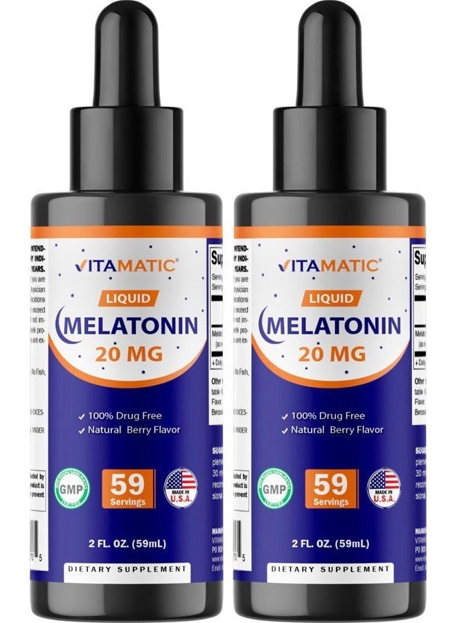 Vitamatic 2 Packs Melatonin 20mg Liquid Drops - 2 Fluid Ounce (59ml) - Natural Berry Flavor - for Adults - Non-GMO - Vegetarian Supplement - Image 1