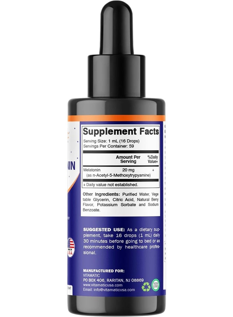 Vitamatic 2 Packs Melatonin 20mg Liquid Drops - 2 Fluid Ounce (59ml) - Natural Berry Flavor - for Adults - Non-GMO - Vegetarian Supplement - Image 2