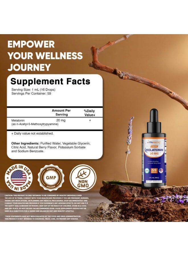 Vitamatic 2 Packs Melatonin 20mg Liquid Drops - 2 Fluid Ounce (59ml) - Natural Berry Flavor - for Adults - Non-GMO - Vegetarian Supplement - Image 5