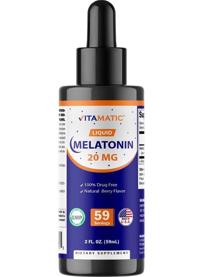 Vitamatic 2 Packs Melatonin 20mg Liquid Drops - 2 Fluid Ounce (59ml) - Natural Berry Flavor - for Adults - Non-GMO - Vegetarian Supplement - Image 3