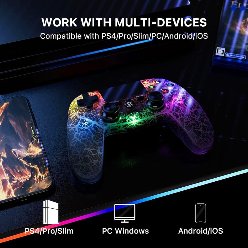 وحدة تحكم لاسلكية لـ PS4 ، تصميم مخصص للكراك الأسود ، ضوء RGB قابل للتعديل ، بطارية 1000mAh ، اهتزاز مزدوج ، محور 6 ، مكبر صوت مدمج و جاك سماعة 3.5mm ، جهاز لعبة متوافق مع PlayStation 4 - Image 2