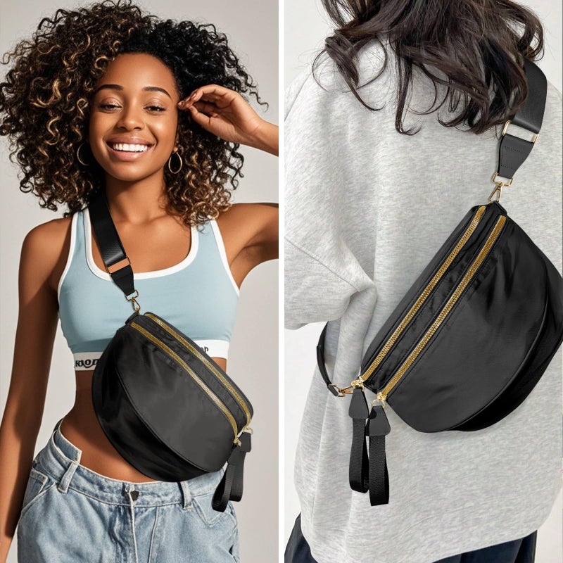 NEWROGENG Checkered Crossbody Bags for Women, Large Nylon Bum Bags Plus Size Fanny Pack Sling Bag Belt Bag for Women Travel, Pure Black - Image 3
