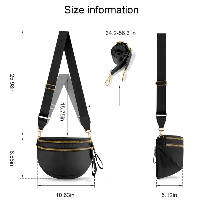 NEWROGENG Checkered Crossbody Bags for Women, Large Nylon Bum Bags Plus Size Fanny Pack Sling Bag Belt Bag for Women Travel, Pure Black - Image 4