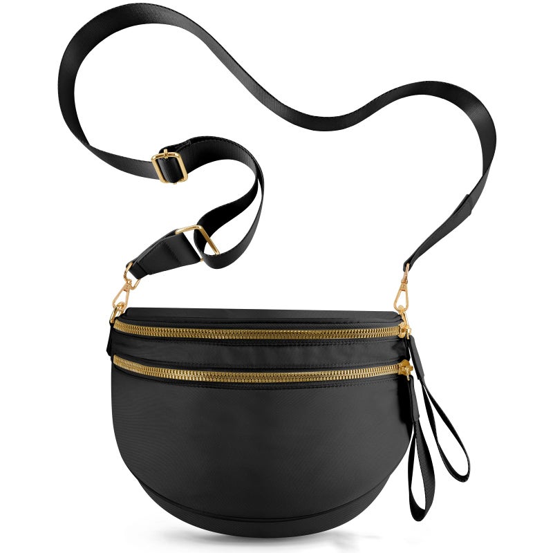 NEWROGENG Checkered Crossbody Bags for Women, Large Nylon Bum Bags Plus Size Fanny Pack Sling Bag Belt Bag for Women Travel, Pure Black - Image 1