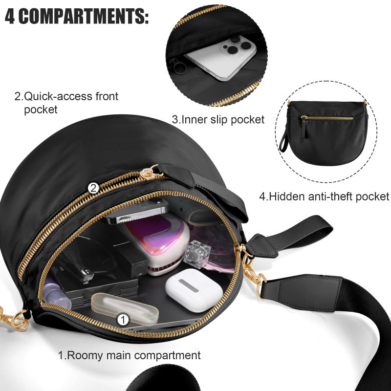 NEWROGENG Checkered Crossbody Bags for Women, Large Nylon Bum Bags Plus Size Fanny Pack Sling Bag Belt Bag for Women Travel, Pure Black - Image 5