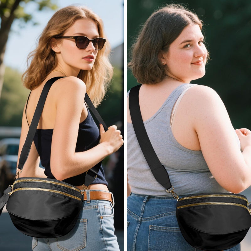 NEWROGENG Checkered Crossbody Bags for Women, Large Nylon Bum Bags Plus Size Fanny Pack Sling Bag Belt Bag for Women Travel, Pure Black - Image 2