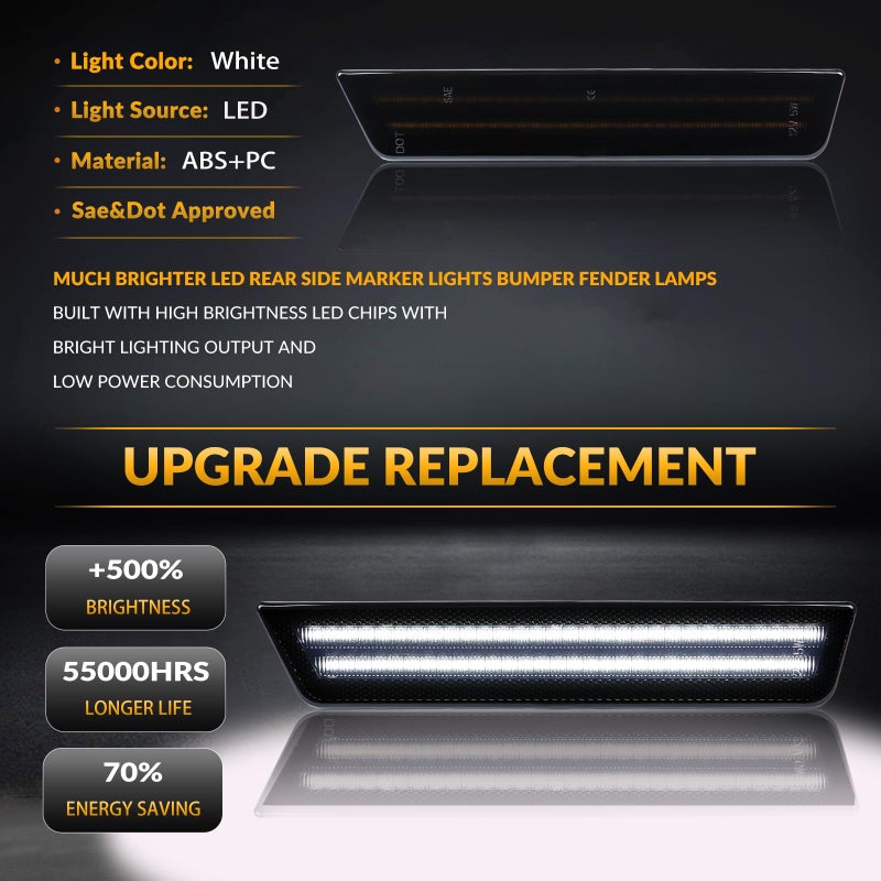 DERMOKA LED Side Marker Lights Rear White Bumper Marker Lamp Reflectors for 2008-14 Dodge Challenger & 2011-14 Charger 2PCS, Smoked Len - Image 3