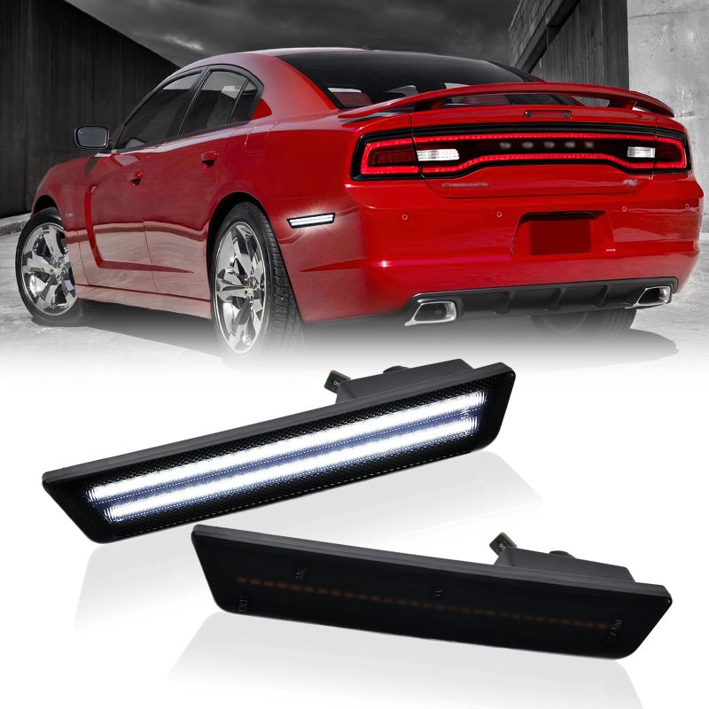 DERMOKA LED Side Marker Lights Rear White Bumper Marker Lamp Reflectors for 2008-14 Dodge Challenger & 2011-14 Charger 2PCS, Smoked Len - Image 1