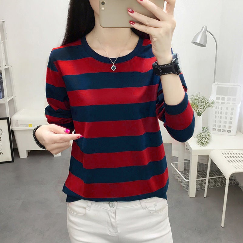 Striped T-Shirt Women'S Spring New Arrival Plus Size Women'S T-Shirt Long Sleeve Base Shirt Loose Korean Style Autumn Round Neck Top