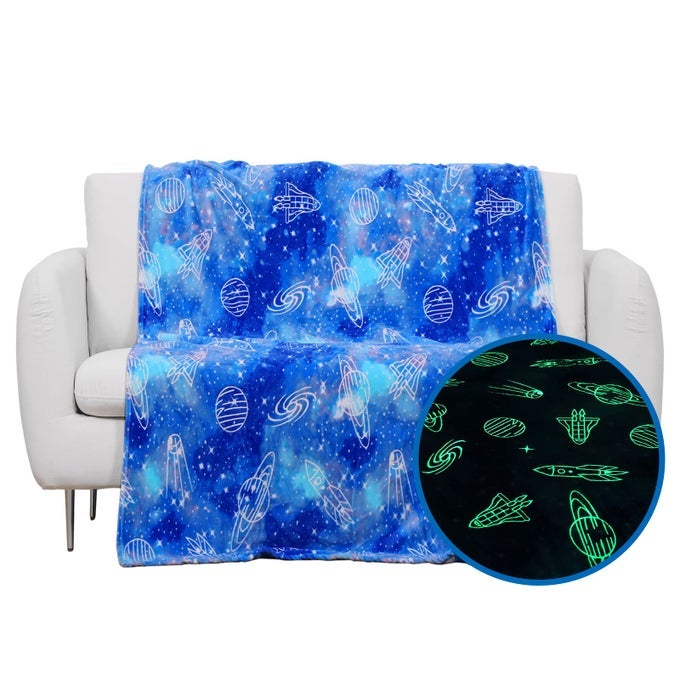 GLOW IN THE DARK GALAXY BLANKET SPACE GIFTS FOR KIDS BOYS GIRLS OUTER SPACE PLANETS SPACESHIPS ASTRONOMY STARRY SKY THROW BIRTHDAY FOR 113 YEAR TEENAGE TEENS BLUE 50X60