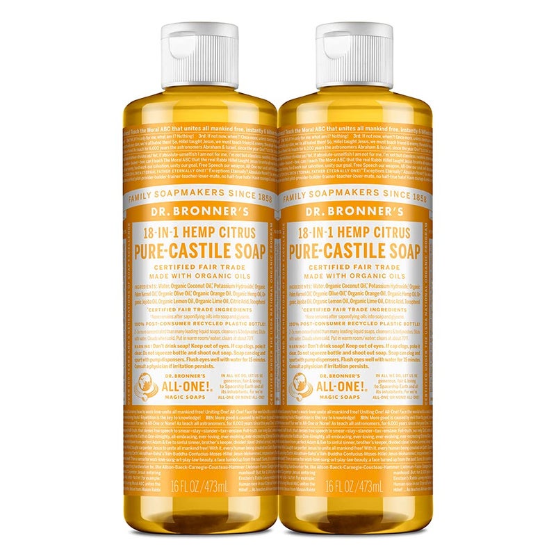 Dr. Bronner's صابون سائل دكتور برونر النقي من زيت الزيتون بنكهة الحمضيات 16 أونصة 2 عبوة مصنوع من زيوت عضوية 18 في 1 للاستخدامات الوجه والجسم والشعر والغسيل والحيوانات الأليفة والأطباق مركز نباتي غير معدل وراثيًا