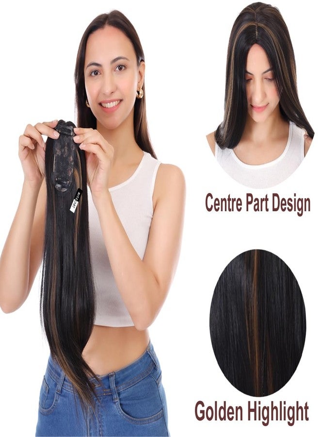 Ritzkart Clip-On Topper for Front Baldness Coverage Synthetic Soft Long Straight Hair with High Density Black With Golden Highlight Mix Color 20 Inch Stylish and Trendy Fashion Brand By Ritzkart (2X4) - Image 2