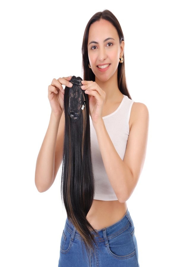 Ritzkart Clip-On Topper for Front Baldness Coverage Synthetic Soft Long Straight Hair with High Density Black With Golden Highlight Mix Color 20 Inch Stylish and Trendy Fashion Brand By Ritzkart (2X4) - Image 3