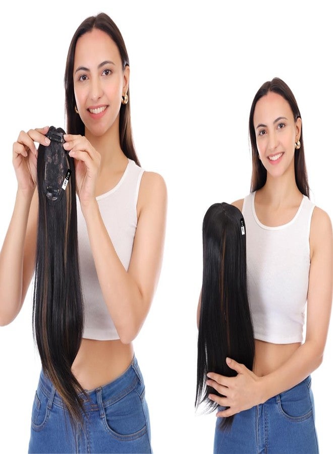 Ritzkart Clip-On Topper for Front Baldness Coverage Synthetic Soft Long Straight Hair with High Density Black With Golden Highlight Mix Color 20 Inch Stylish and Trendy Fashion Brand By Ritzkart (2X4) - Image 1