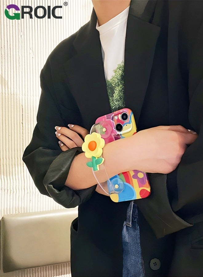 GROIC Compatible with iPhone 15 Case 6.1 Inch,Crossbody Phone Cover with Strap and Wrist Band Kickstand, Unique Cute Kawaii Colorful Painting Flowers Design Phone Shell for iPhone 15 - Image 5