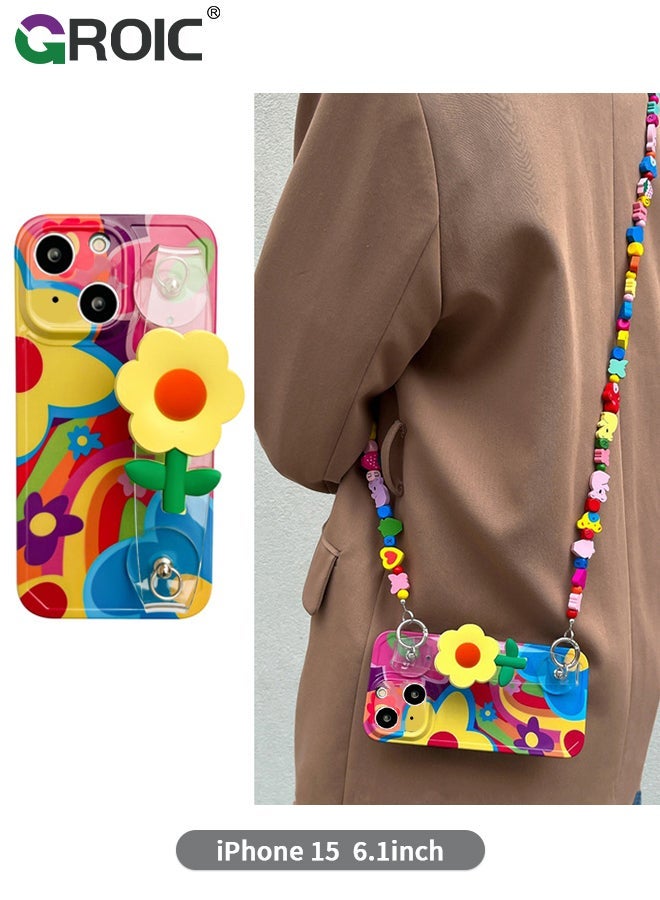 GROIC Compatible with iPhone 15 Case 6.1 Inch,Crossbody Phone Cover with Strap and Wrist Band Kickstand, Unique Cute Kawaii Colorful Painting Flowers Design Phone Shell for iPhone 15 - Image 1