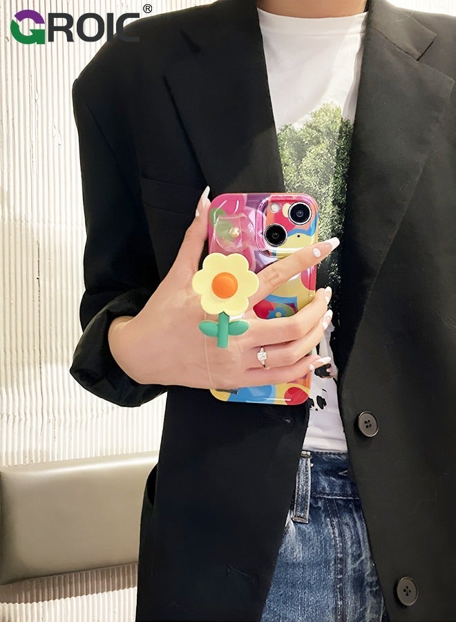 GROIC Compatible with iPhone 15 Case 6.1 Inch,Crossbody Phone Cover with Strap and Wrist Band Kickstand, Unique Cute Kawaii Colorful Painting Flowers Design Phone Shell for iPhone 15 - Image 3