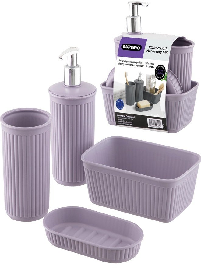 Superio Ribbed Collection - Decorative Plastic Bathroom Accessories Set, Lilac Purple (Set of 4) Soap Dish, Liquid Dispenser, Toothbrush Holder Cup, Vanity Organizer Tray - Bathroom Decor Gift - Image 1