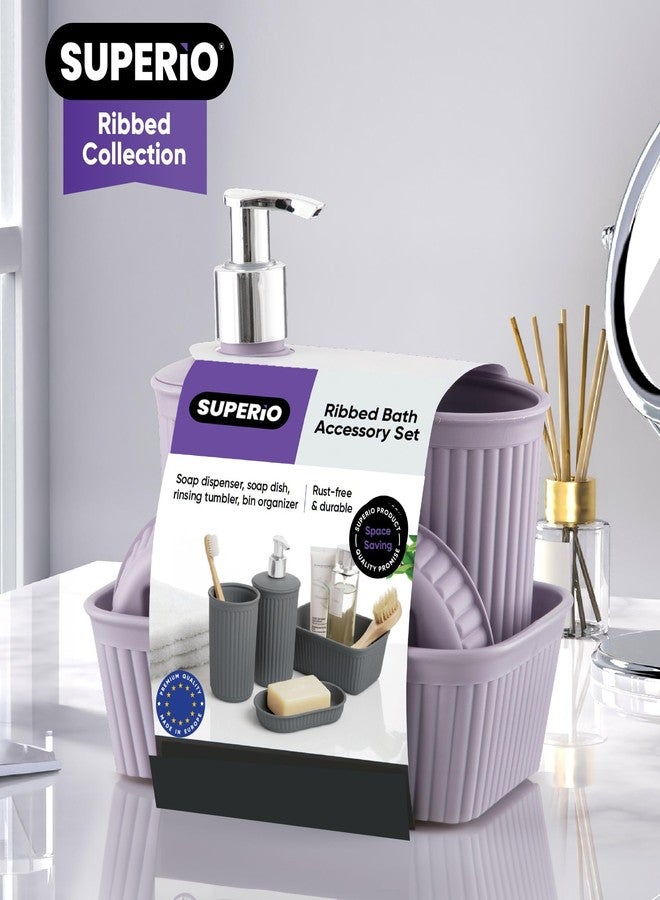 Superio Ribbed Collection - Decorative Plastic Bathroom Accessories Set, Lilac Purple (Set of 4) Soap Dish, Liquid Dispenser, Toothbrush Holder Cup, Vanity Organizer Tray - Bathroom Decor Gift - Image 5