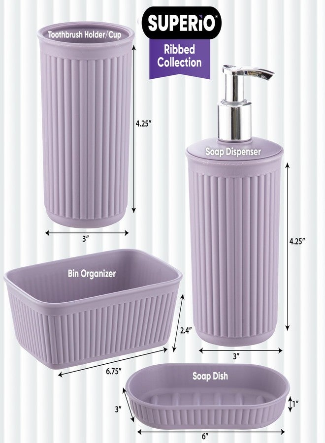 Superio Ribbed Collection - Decorative Plastic Bathroom Accessories Set, Lilac Purple (Set of 4) Soap Dish, Liquid Dispenser, Toothbrush Holder Cup, Vanity Organizer Tray - Bathroom Decor Gift - Image 2