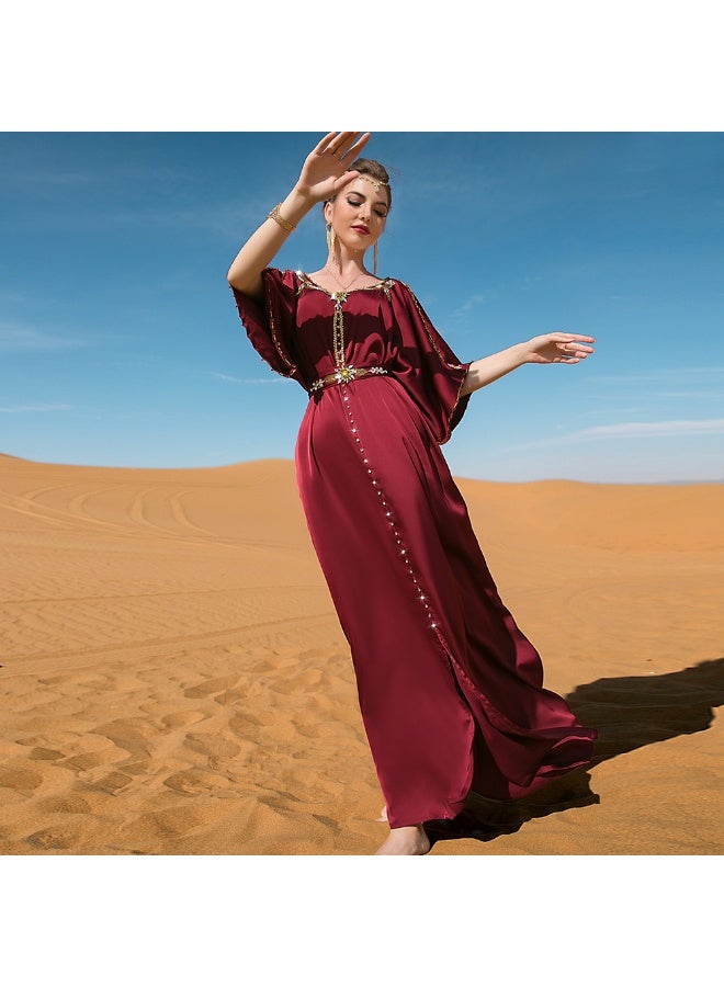 Madam Uniq Burgundy Off-Shoulder Handmade Beaded Aesthetic Dress - Image 4