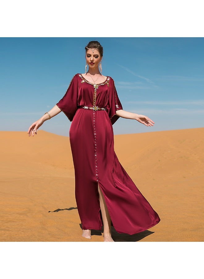 Madam Uniq Burgundy Off-Shoulder Handmade Beaded Aesthetic Dress - Image 2