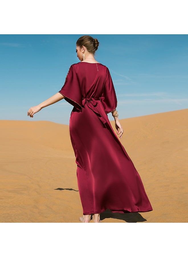 Madam Uniq Burgundy Off-Shoulder Handmade Beaded Aesthetic Dress - Image 5